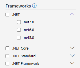 Screenshot that shows the Framework filters on nuget.org.