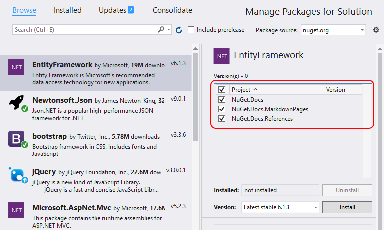 Screenshot showing the Manage Packages for Solution window with multiple projects selected.