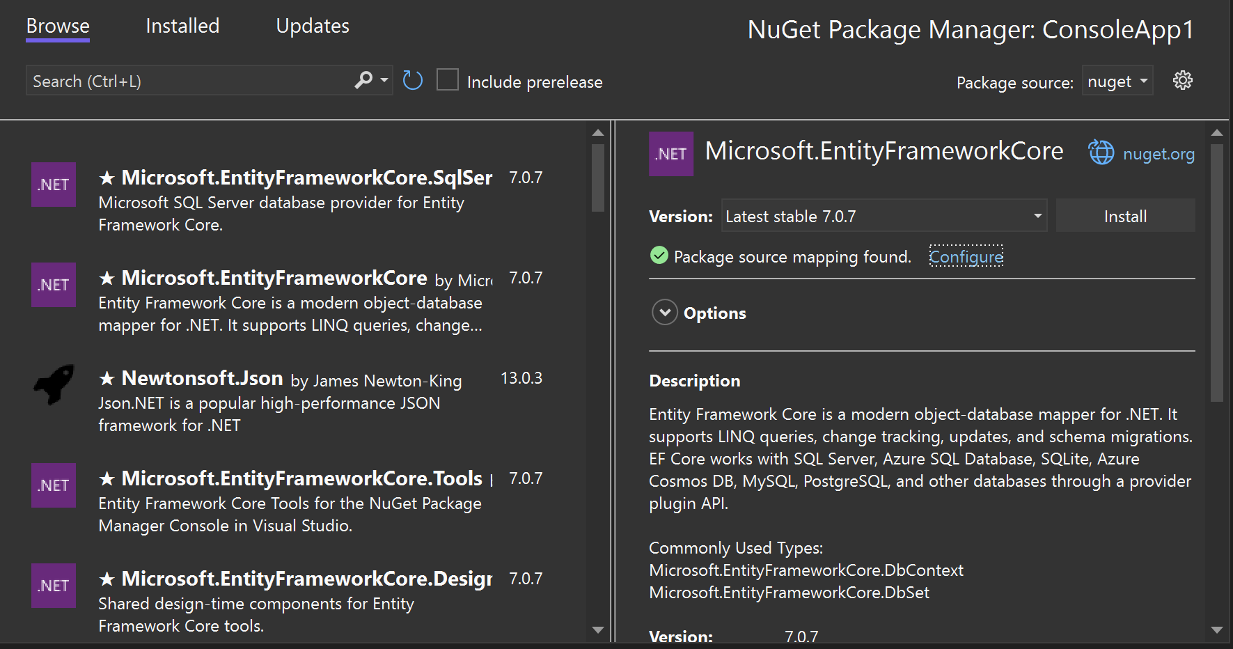 The NuGet Package Manager window in Visual Studio showing a selected package with the "Package source mapping found" status with a Configure button.