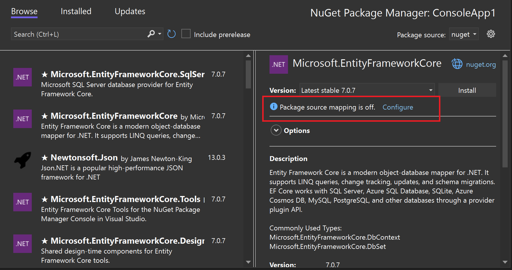 The NuGet Package Manager window in Visual Studio showing a selected package, and a highlight around the "Package source mapping is off" status with a Configure button.
