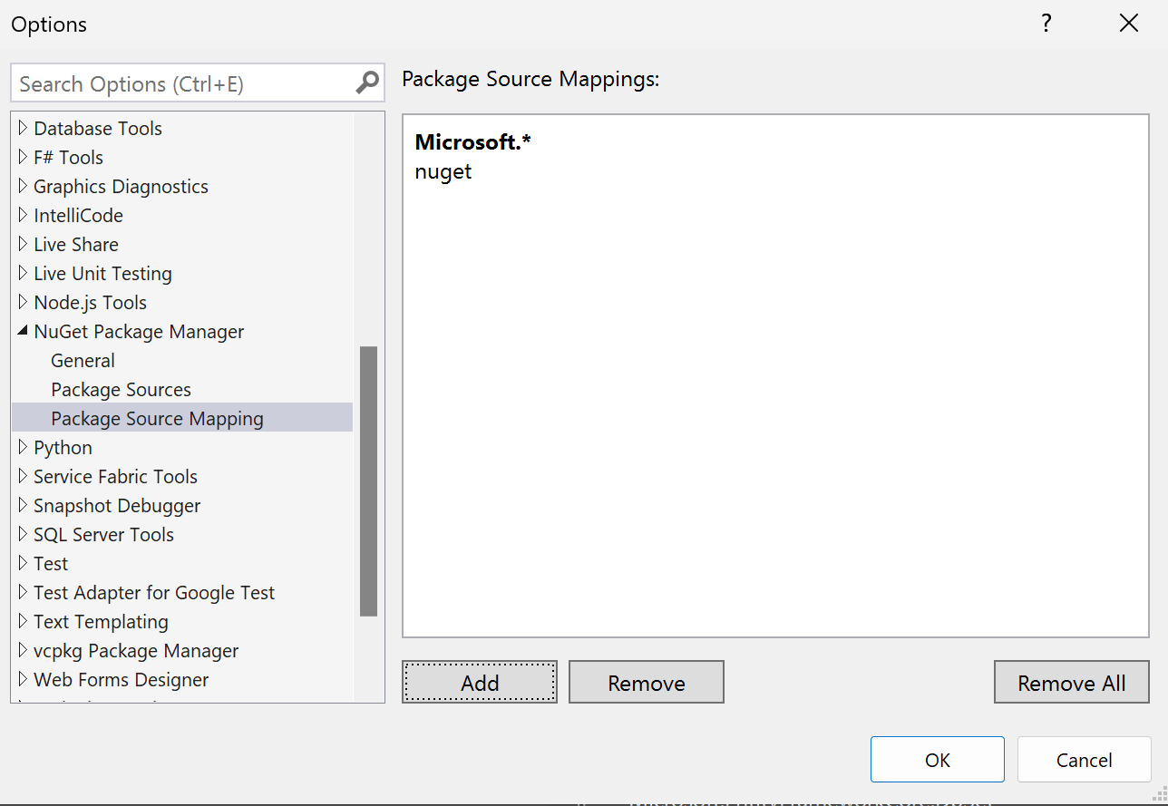The Package Source Mapping options page showing the newly created source mapping