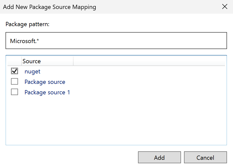 The Add Package Source Mappings dialog with a filled package pattern and selected package source.
