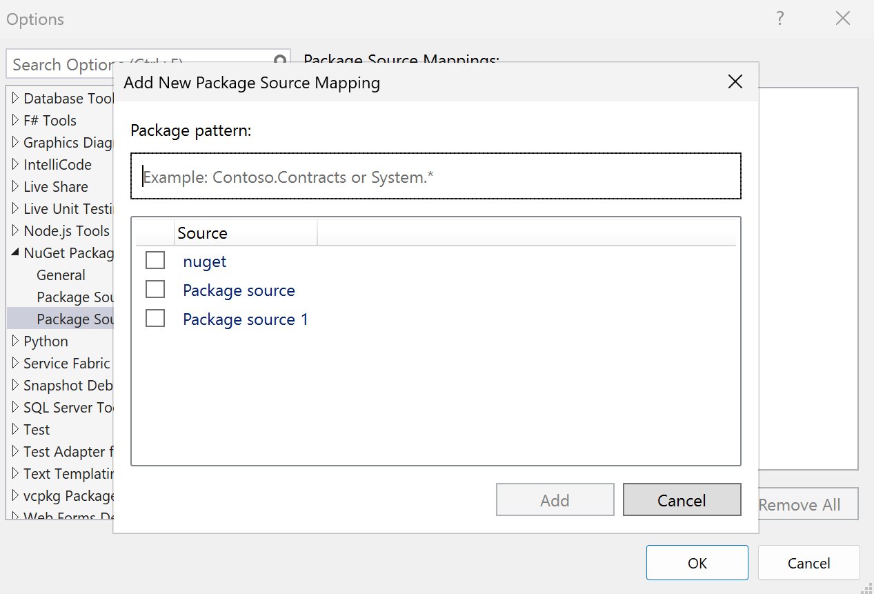 The Add Package Source Mappings dialog