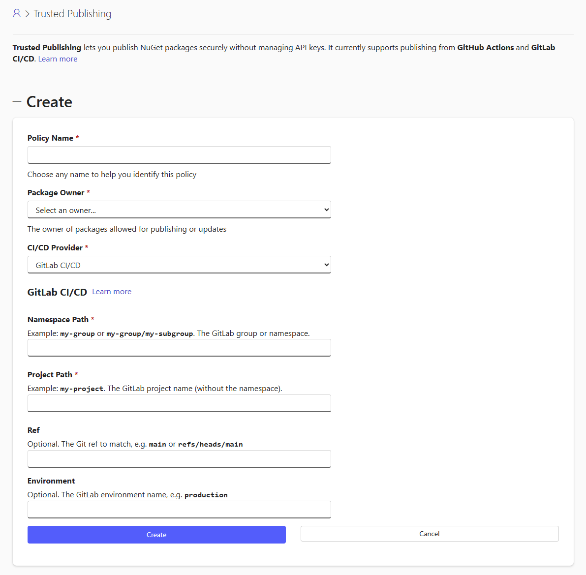 Screenshot that shows Trusted Publishing page.