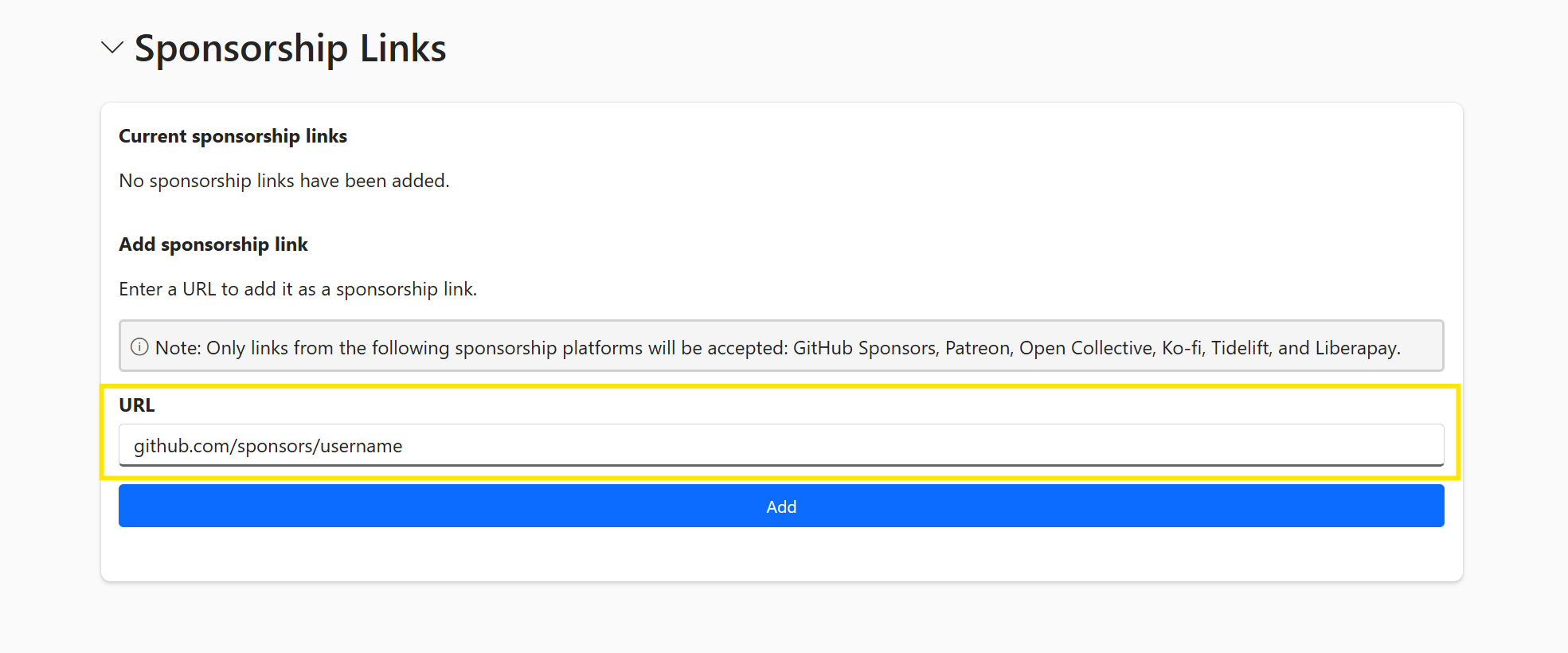 Screenshot of the sponsorship URL form with example URL filled in