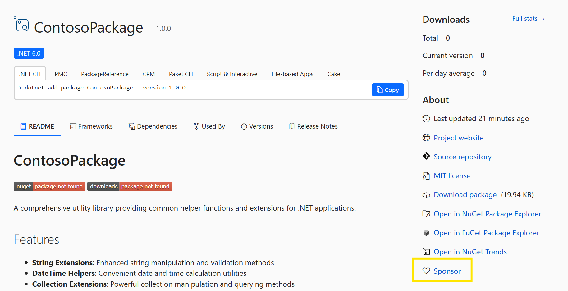 Screenshot of a package details page with a Sponsor button