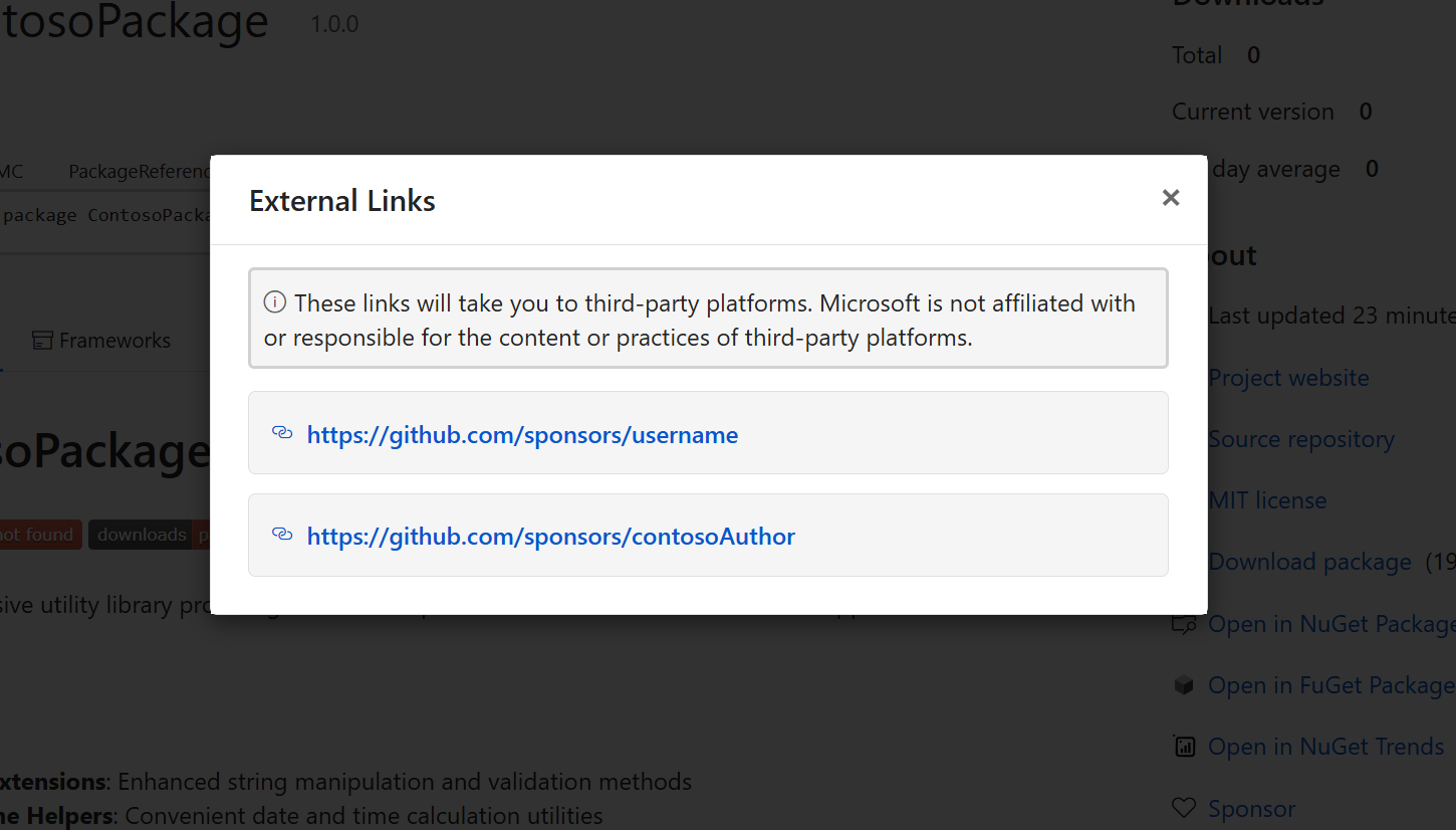 Screenshot of a package details page with the sponsorship links popup open