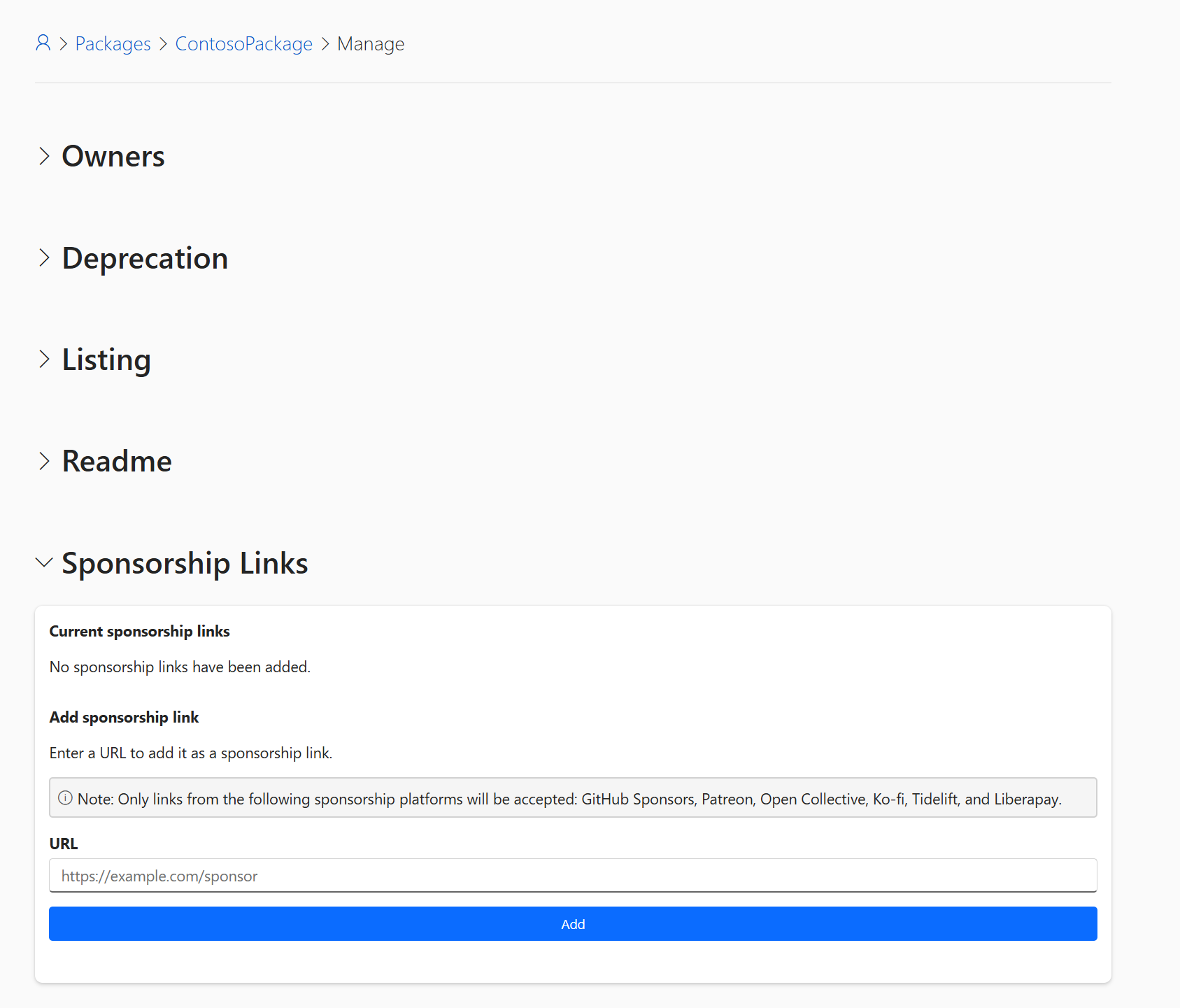 Screenshot of the manage package page with the Sponsorship Links section
