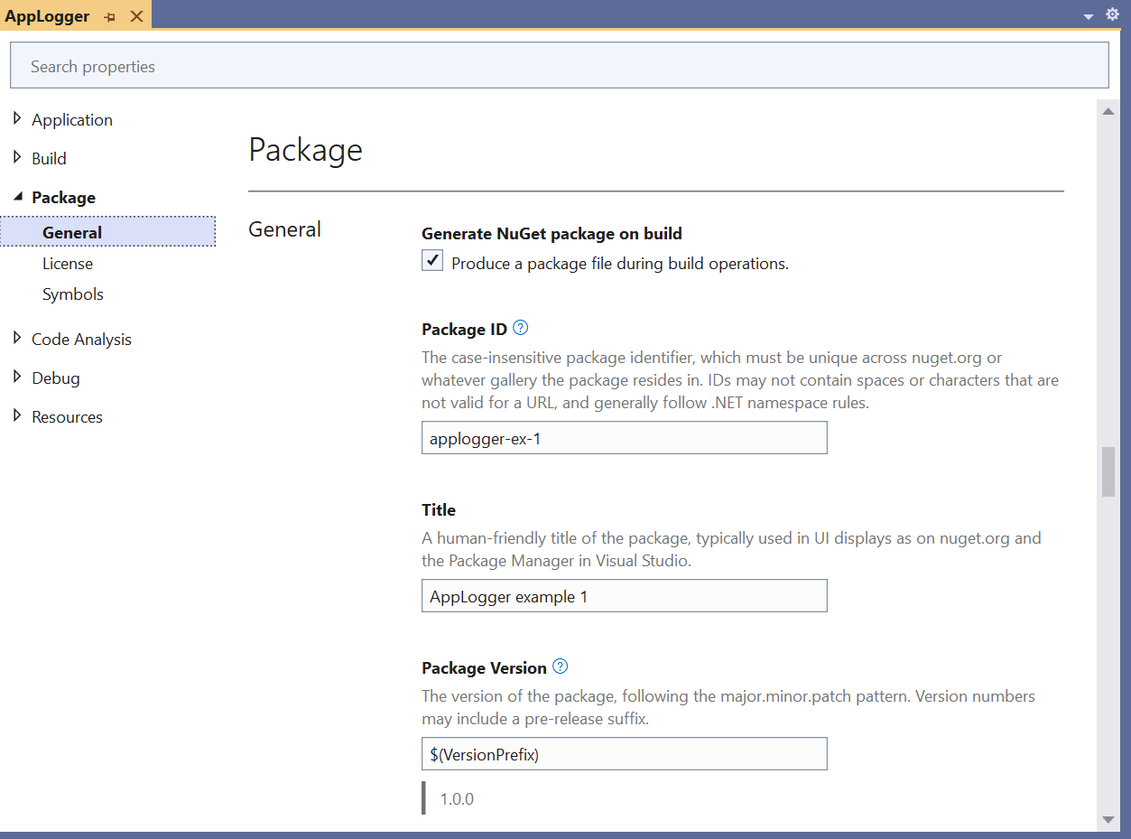 Screenshot showing NuGet package properties in a Visual Studio project.