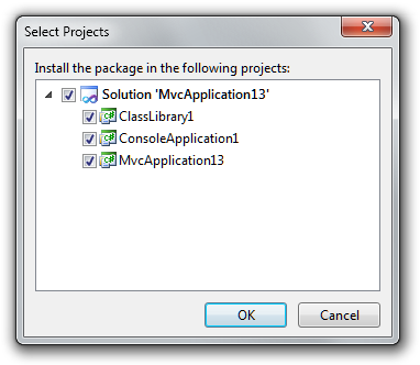 Manage NuGet Packages Project Selection