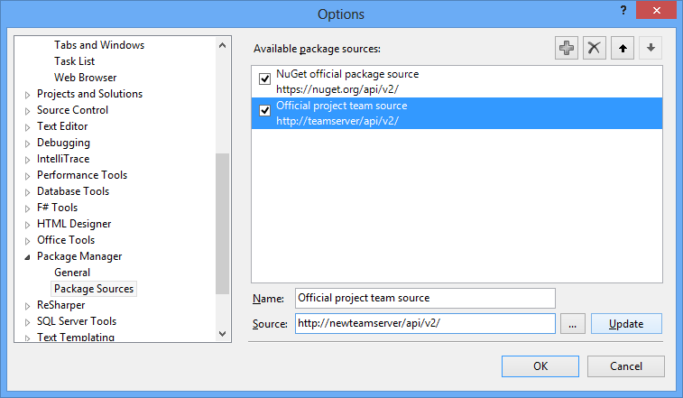 Package manager configuration dialog