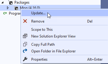 Right-click package "Update" experience