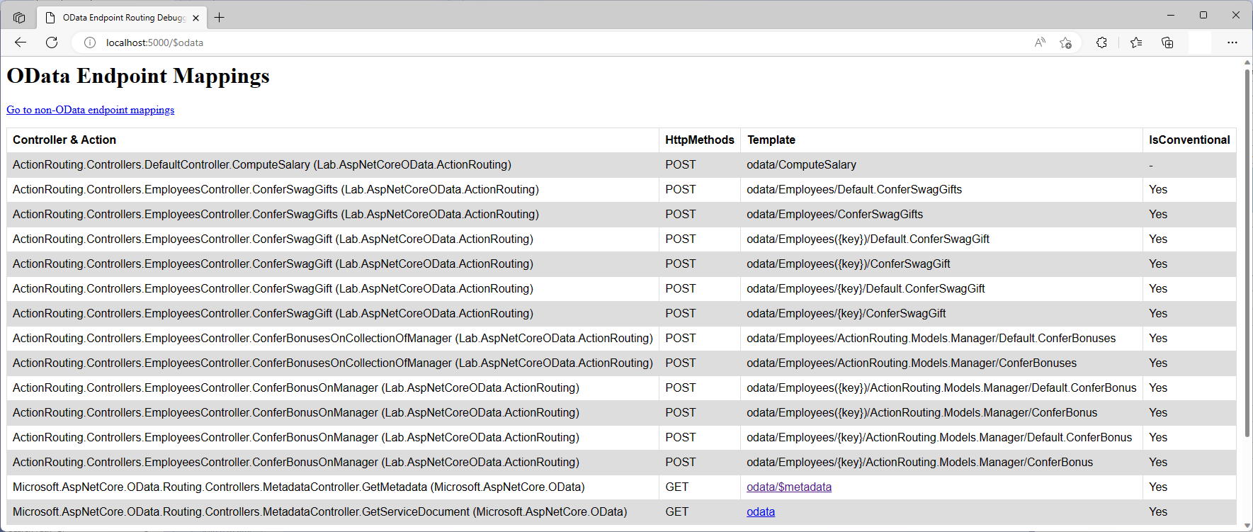 Screenshot of OData action routing endpoint mappings