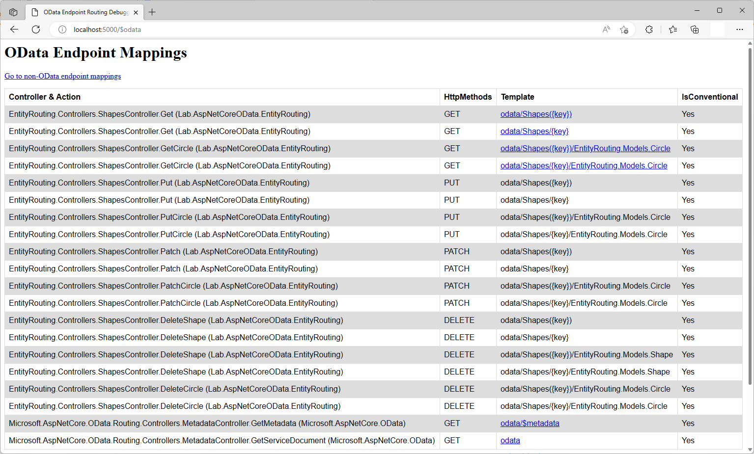 Screenshot of OData entity routing endpoint mappings