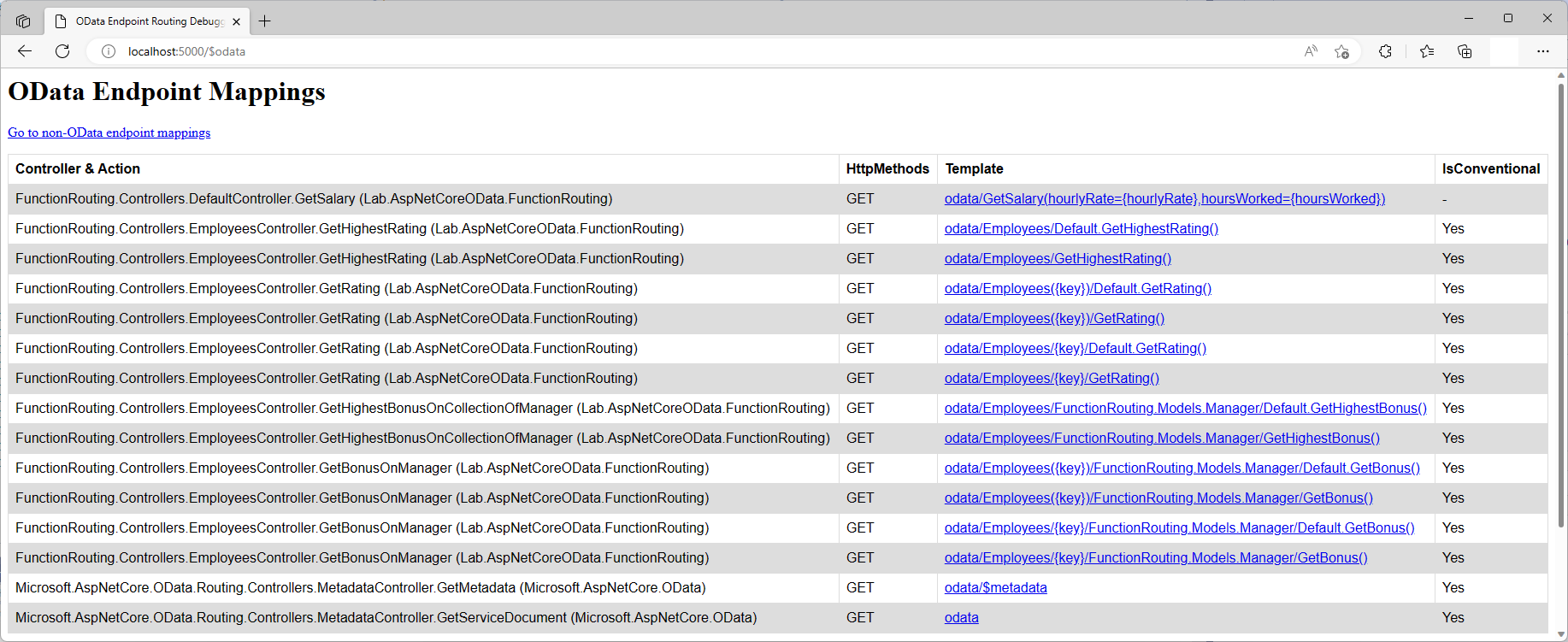 Screenshot of OData function routing endpoint mappings