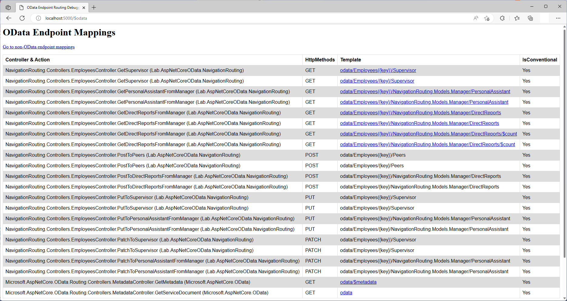 Screenshot of OData navigation routing endpoint mappings