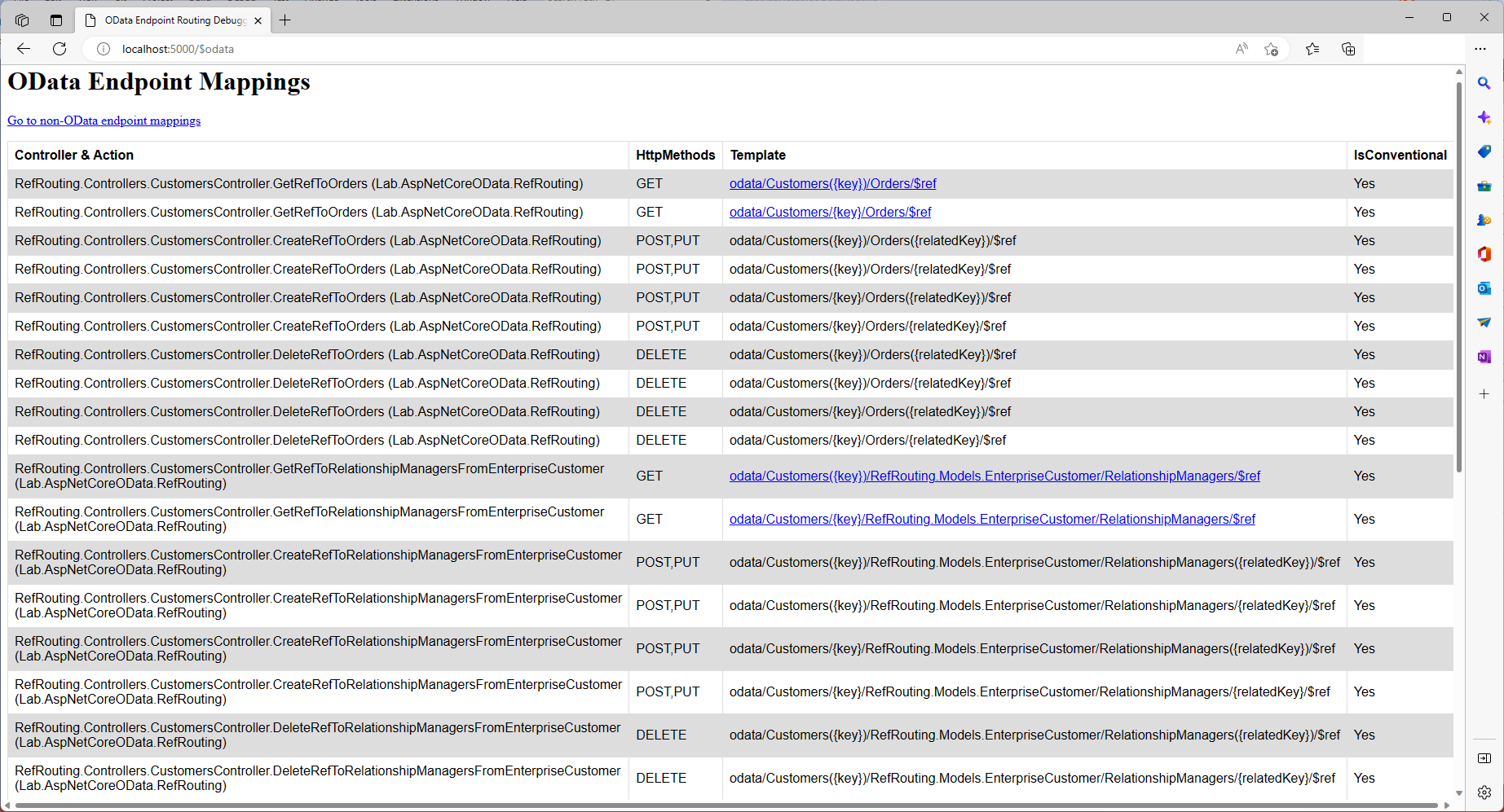 Screenshot of OData reference routing endpoint mappings