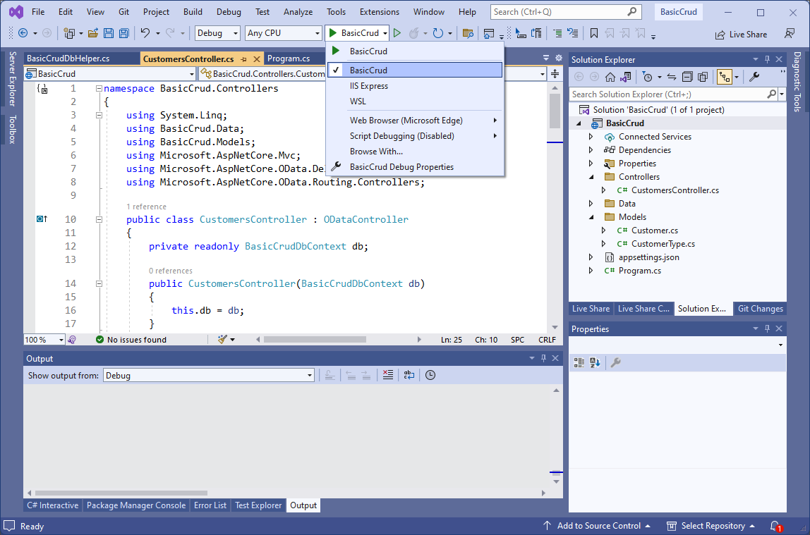 Screenshot of configuring debugging profile in visual studio 2022
