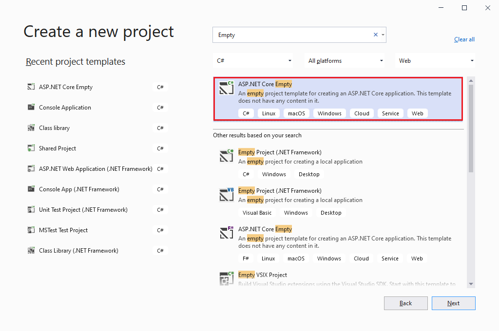 Screenshot of creating aspnetcore empty project using vs 2019 targeting net core 3.1 framework