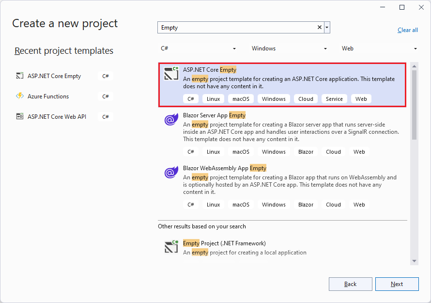 Screenshot of creating aspnetcore empty project using vs 2022 targeting net 6.0 framework