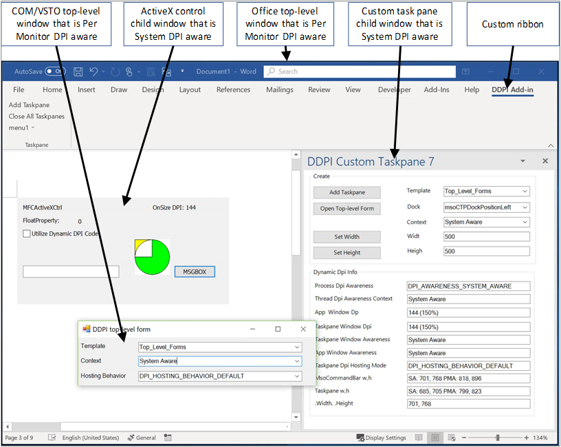 Excel hosting an ActiveX control and custom task pane as child windows. A separate VSTO/COM add-in runs as a top-level window. Office is a top-level window.