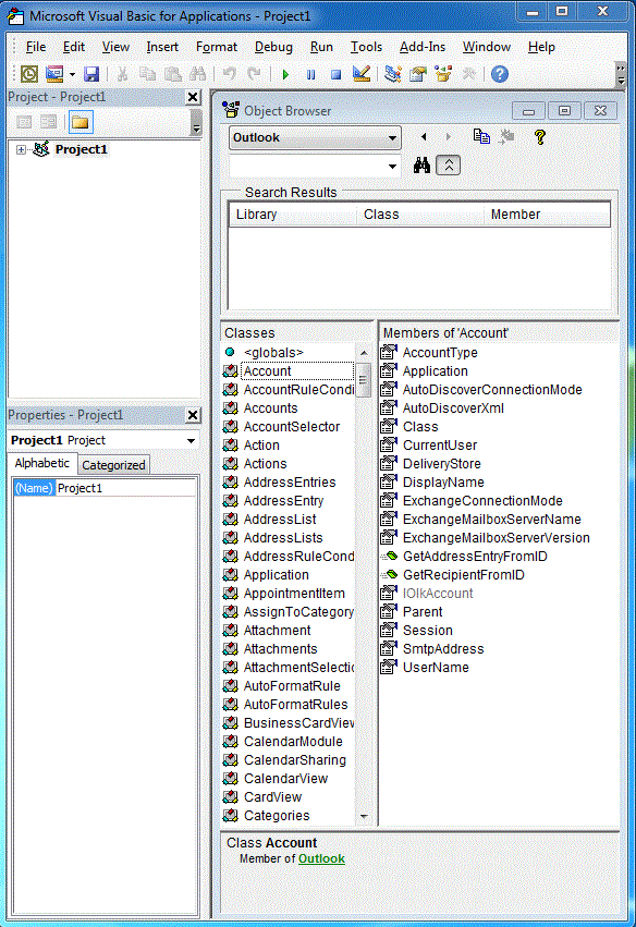 Object browser showing objects in the COM-based Outlook type library