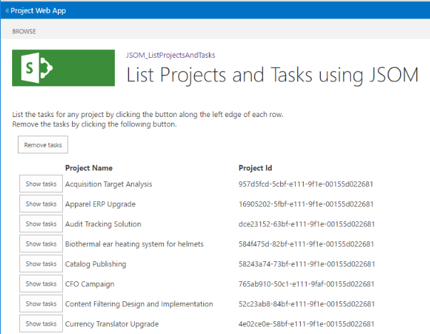 Screen shot showing a listing of JSOM projects and tasks