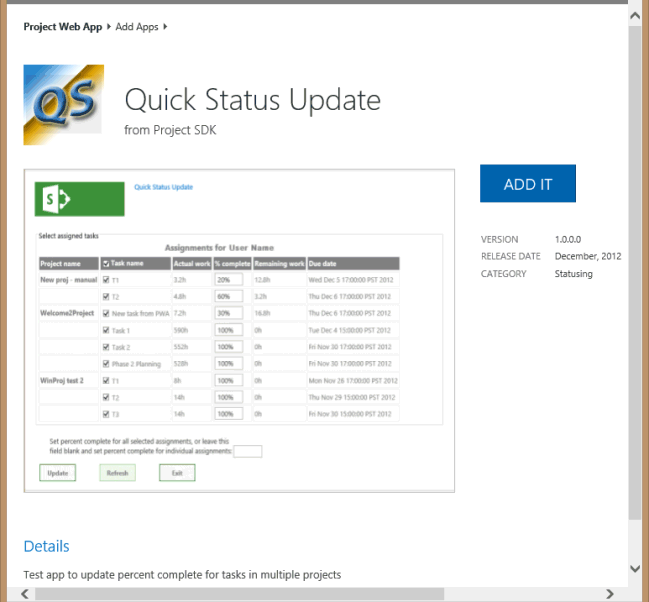 Adding the QuickStatus app to Project Web App