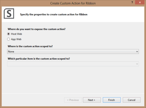 Specifying properties for the ribbon custom action