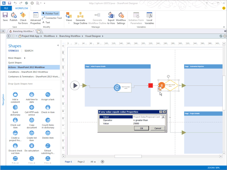 Using the Visio design view of the workflow