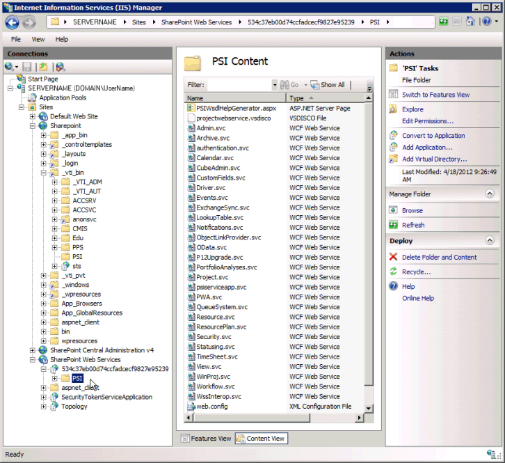 PSI services in IIS Manager