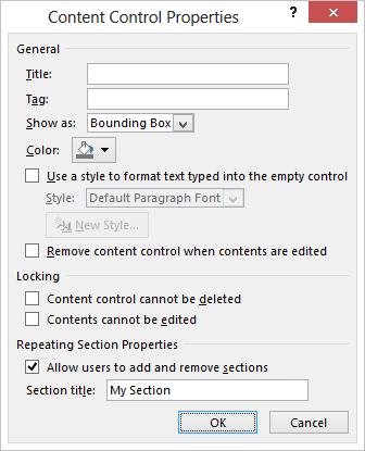 Screenshot of ontent control properties dialog box