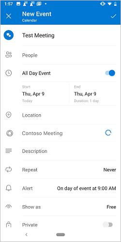 The create-meeting screen in Outlook on Android with a loading Contoso toggle.