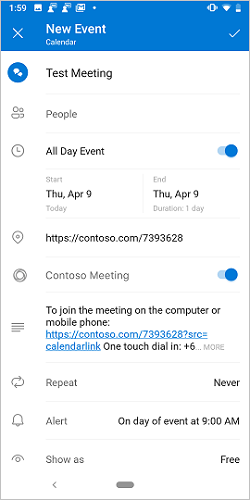The create-meeting screen in Outlook on Android with the Contoso toggle on.