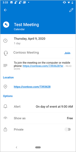 The join-meeting screen in Outlook on Android.