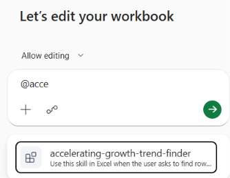 A Copilot window in which the '@' symbol followed by the first few letters of the skill name accelerating-growth-trend-finder appear. Below this is a dropdown list of skills in which accelerating-growth-trend-finder is the only skill listed.