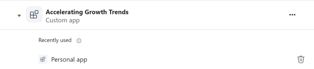 An expanded item from the list of apps and agents installed in Teams. The title is 'Acceleratinig Growth Trends'. Below the title is the description 'Recently used' and below that 'Personal app'. To the right of the item is a trash can icon.