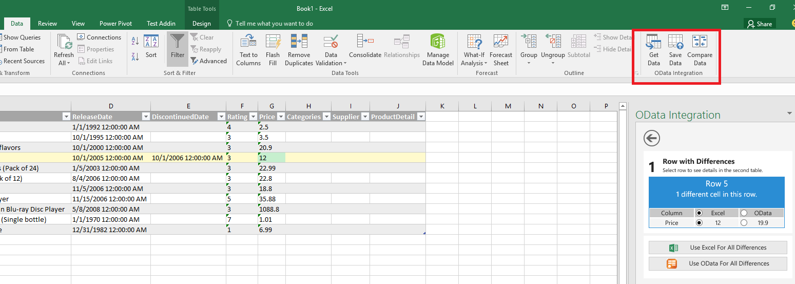 Sample add-in commands highlighted in the Excel ribbon.