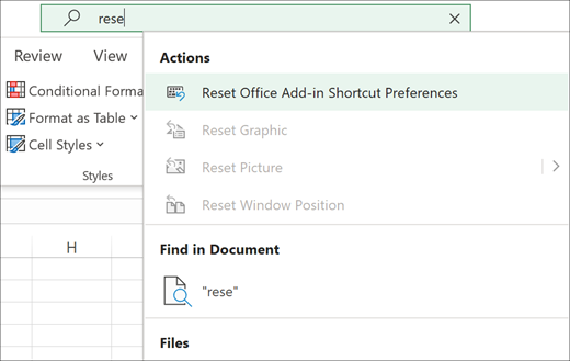 The Tell me search box in Excel showing the reset Office Add-in shortcut preferences action.