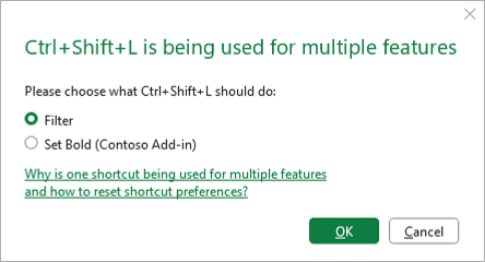 A conflict modal with two different actions for a single shortcut.