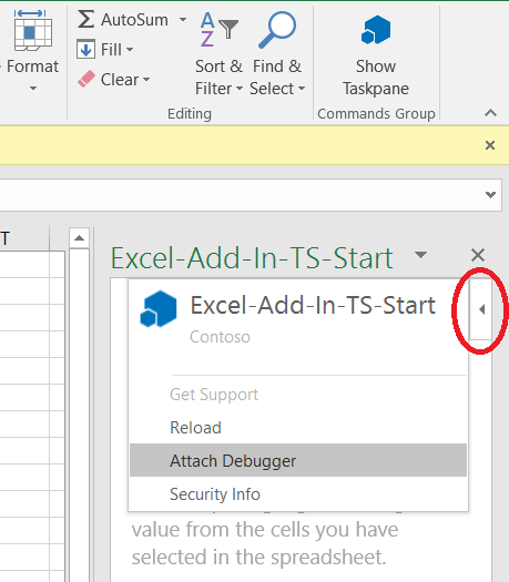 The Attach Debugger menu in the add-in task pane.