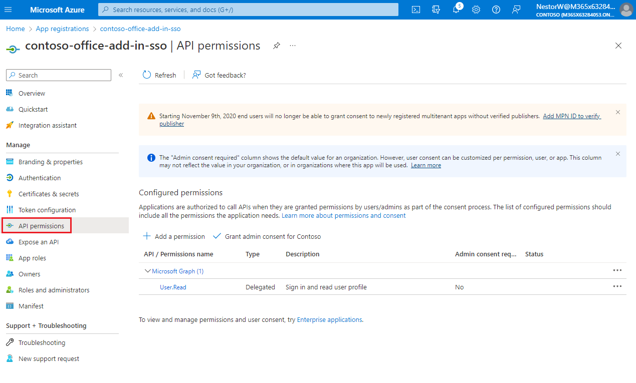 The API permissions pane.