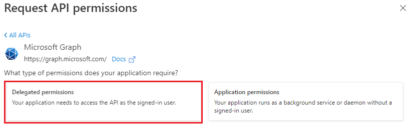 The Request API permissions pane with delegated permissions button.