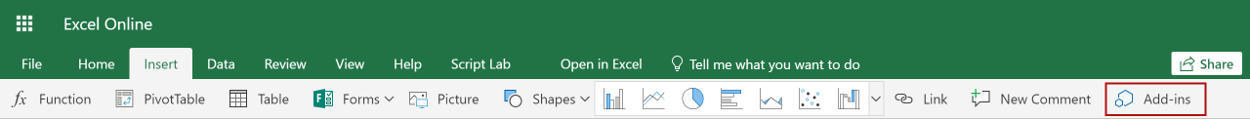Screenshot of the Insert ribbon in Excel on the web, with the My Add-ins button highlighted.