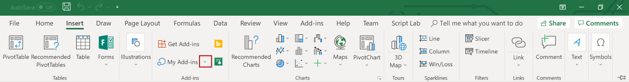 Screenshot showing Insert ribbon in Excel on Windows with the My Add-ins arrow highlighted.