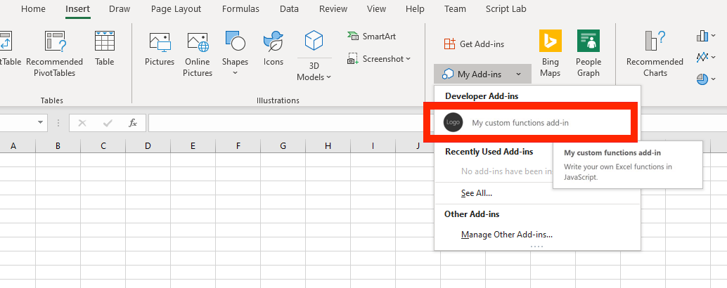 Screenshot of the Insert ribbon in Excel on Windows, with the Excel Custom Functions add-in highlighted in the My Add-ins list.