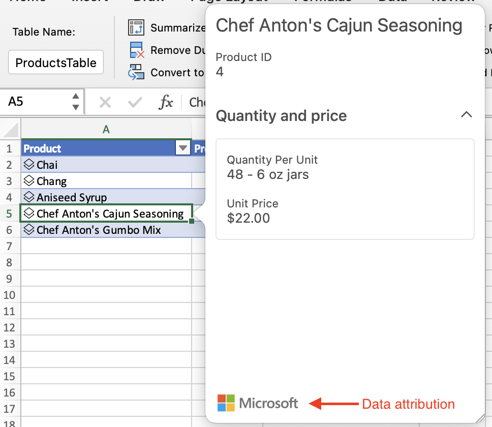 A screenshot showing an entity value data type with the card layout window displayed. The card shows the data provider attribution in the lower left corner.