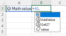 Screenshot of entering A1. in Excel and formula autocomplete displaying the Get27 reference method.