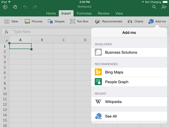 Insert Add-ins in the Excel app.