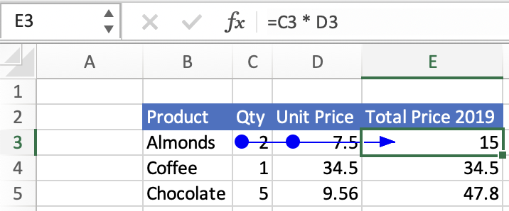 Arrow tracing precedent cells in the Excel UI.